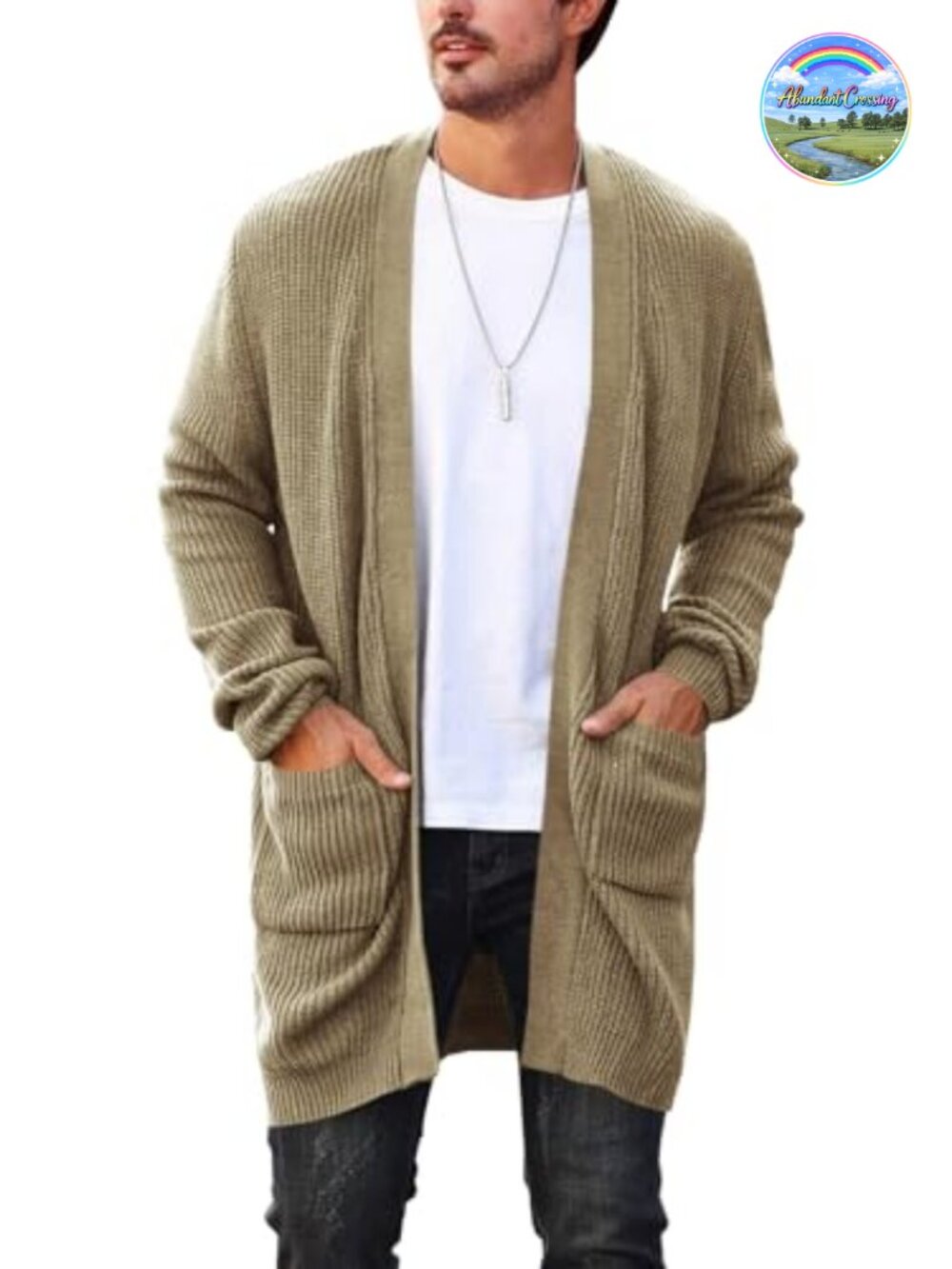 Mens Long Cardigan Cable Knit Open Front V Neck Sweater with Pockets